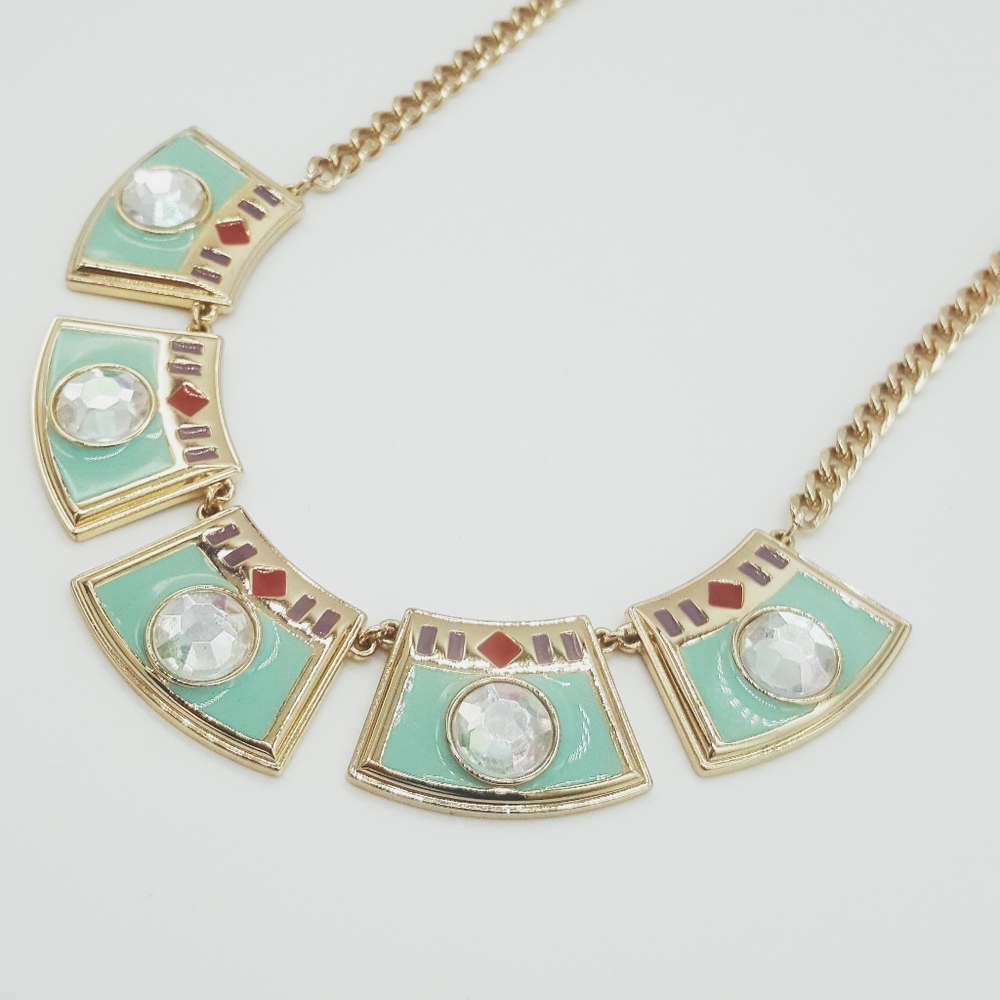 Crystal and Seafoam Green Enamel Goldtone Necklace
